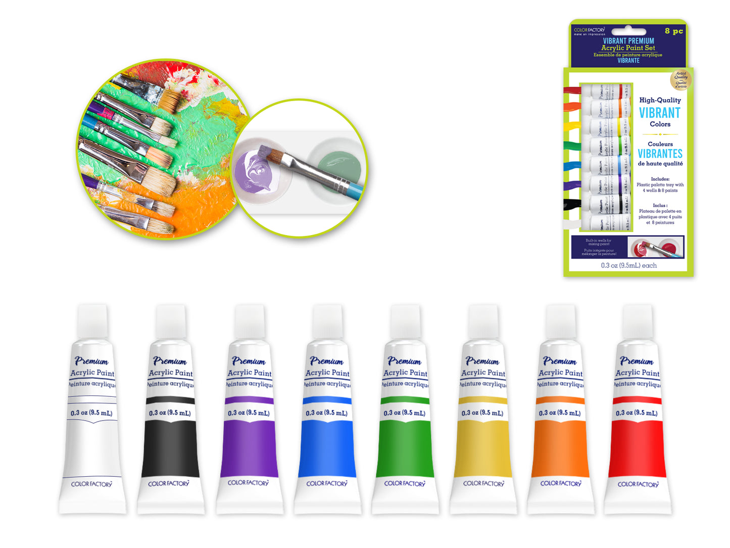 Color Factory: 76ml Premium Acrylic Paint Set 8x9.5ml Tubes A) Basics
