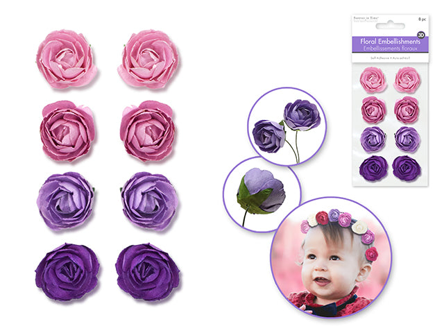 Floral Embellish: 1.1" Handmade Paper Rosebuds x8 D) Viola