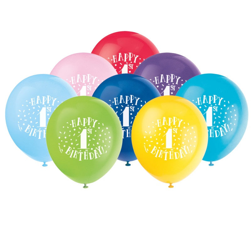 Helium filled - Fun Happy 1st Birthday 12" Latex Balloons
