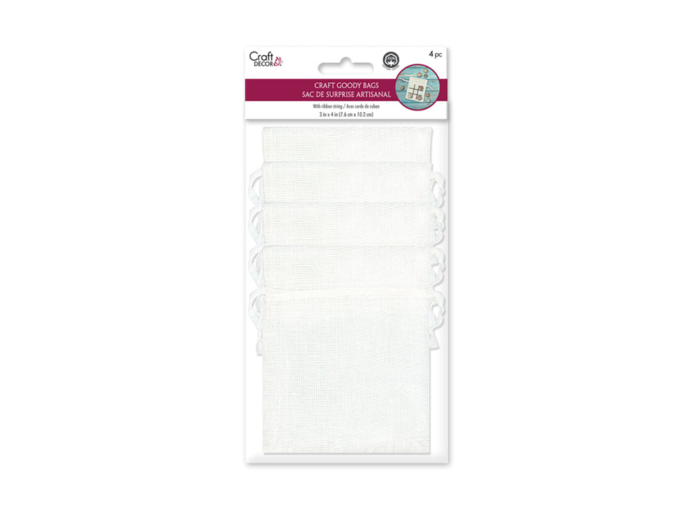 Craft Decor: 3"x4" Craft Goody Bags x4 Mesh Cotton w/Ribbon String A) White