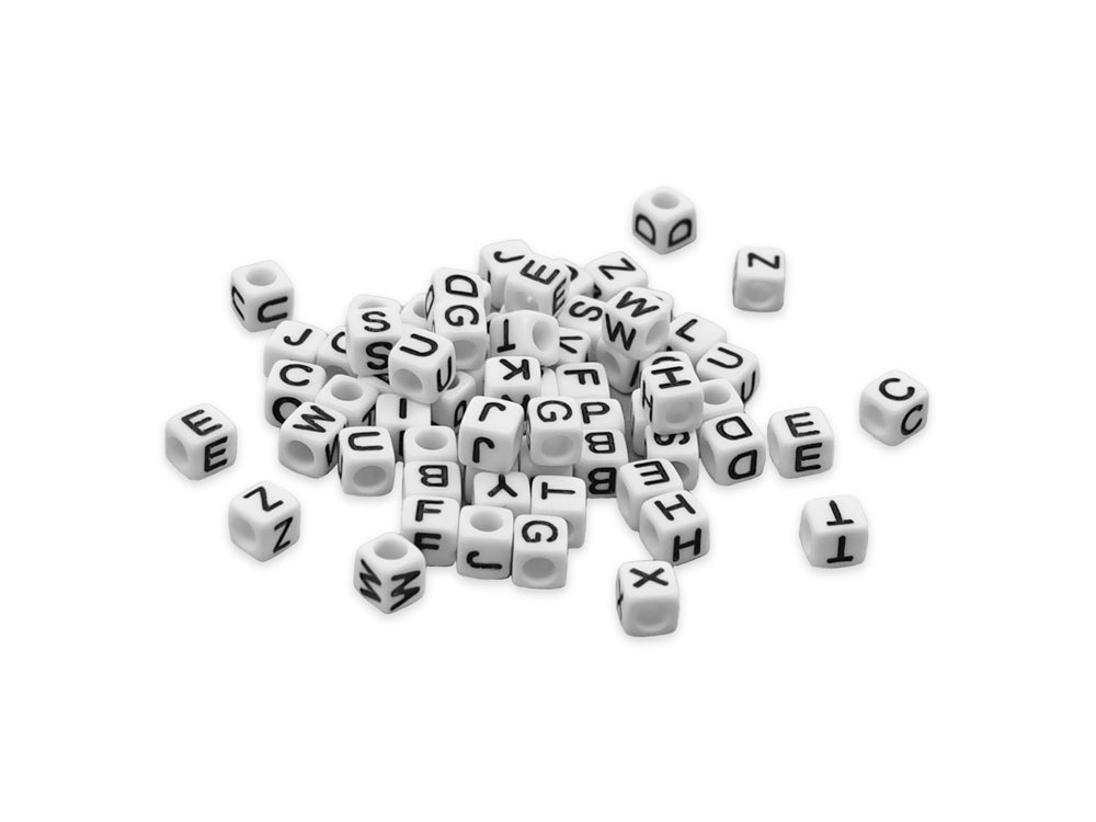 Alphabet Beads: 6mm Cube 68ct C) White w/Black Letters