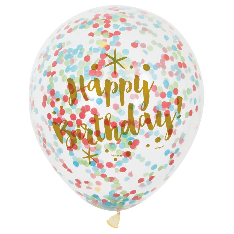 Helium filled - Glitzy Gold Birthday Clear 12" Latex Balloons with Confetti