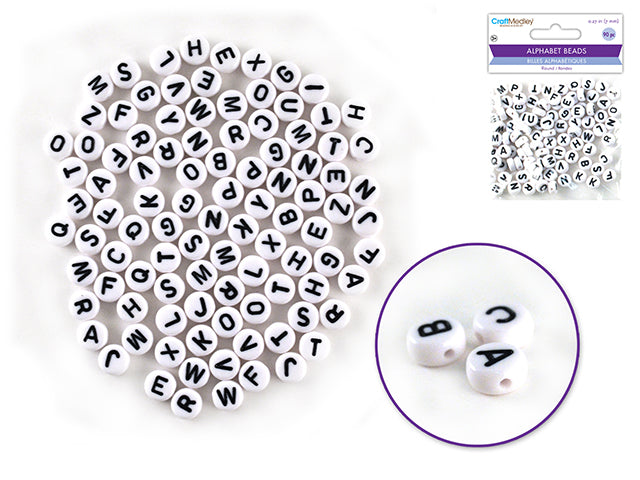 Alphabet Beads: 7mm Round 90ct 4mm(T) D) White w/Black Letters
