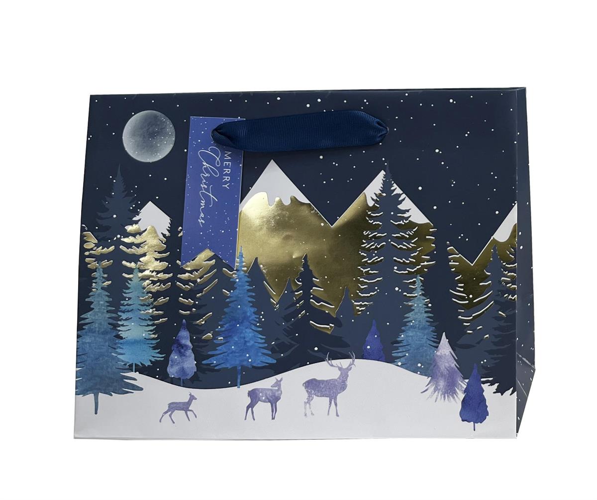 Paper T. Xmas Gift Bag, Mountains, Medium, Matte+HS, j-hook+tag 9"x7"x4", 157gsm