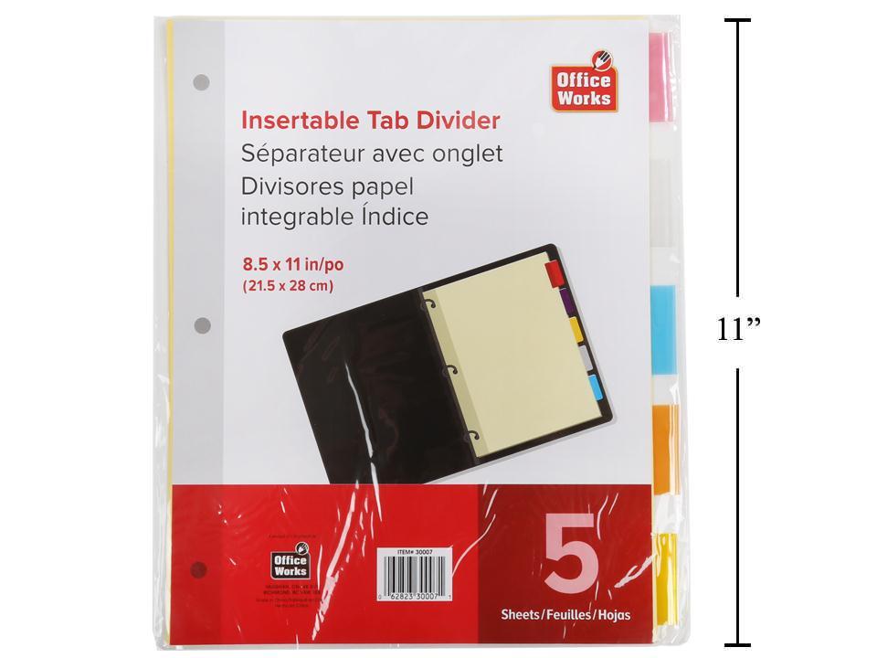 O.WKs. 5-pc Insertable Paper Tab Dividers, 8.5"x11"