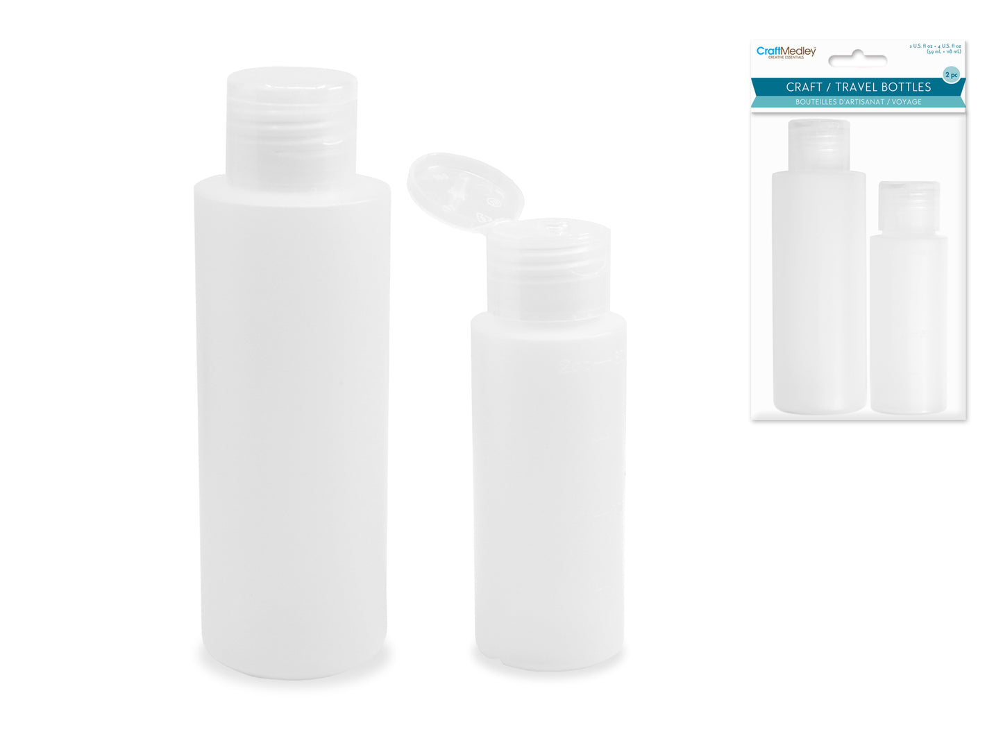 Plastic Bottles: 2oz + 4oz Semi-Transparent w/Flip-Top Lid 2/pk