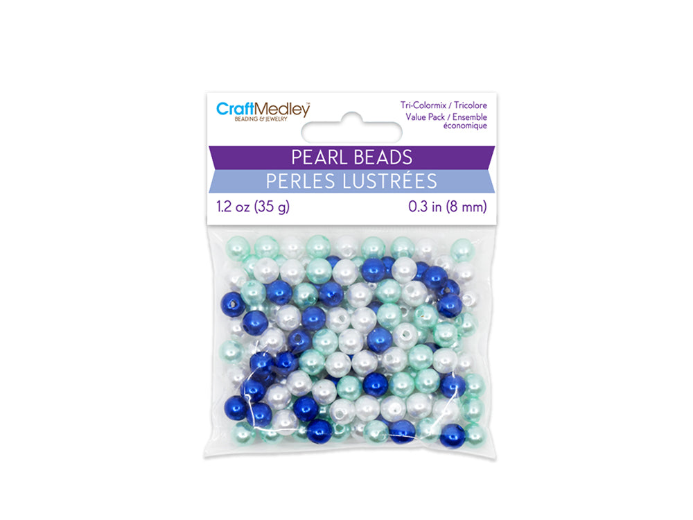 Pearl Beads: 8mm Gloss Tri-Colormix 35gms A) Blue