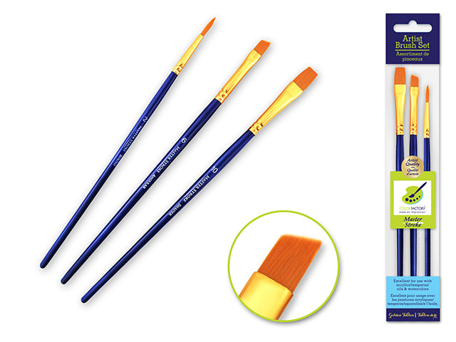 Artist Brush Set: Master Stroke Set x3 Classic2 GoldenNylon Flat#10+Rnd#2+Ang#6