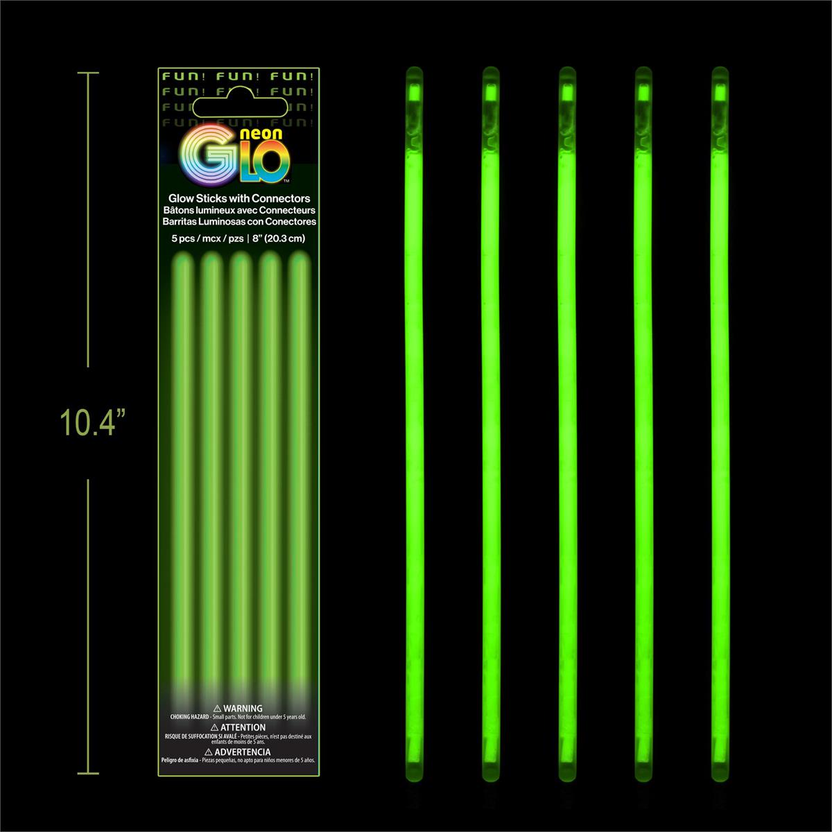 Neon Glo, Green, 5 pack, 8" Glow Sticks with Connectors, Foil Pack