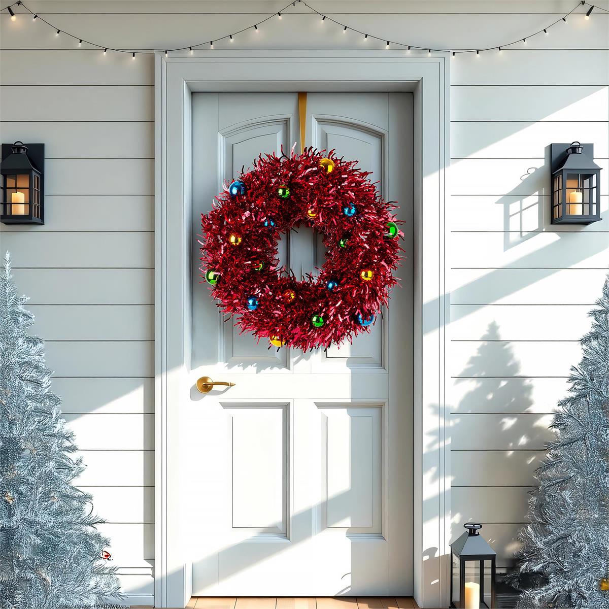 Deco N. 18" Tinsel Xmas Wreath, Red, chtRound Wreath,wave cut,with 18 balls