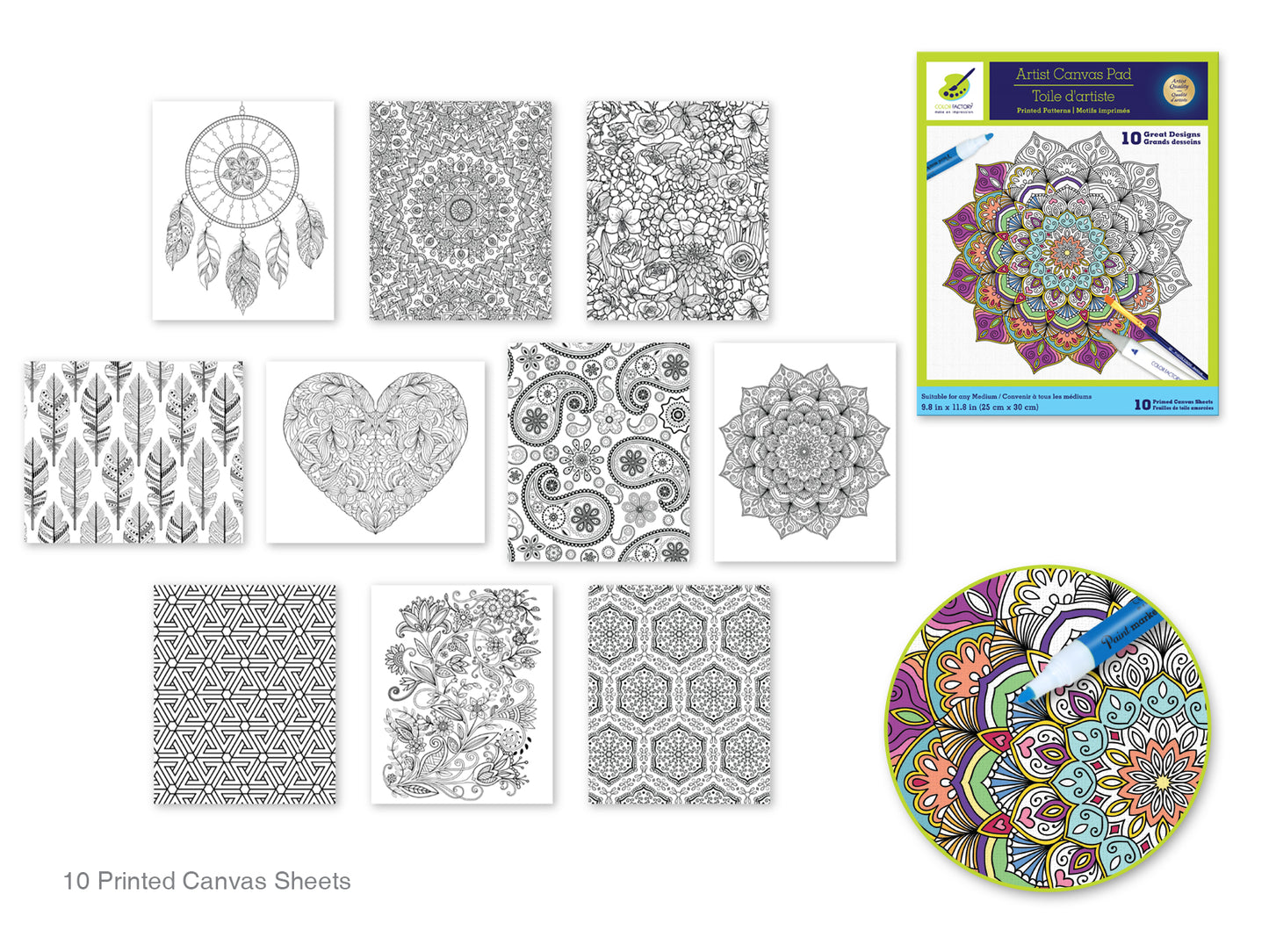 Color Factory: 9.8"x11.8" Canvas Pad w/Design Outlines 10Sheet Asst B) Abstract Art