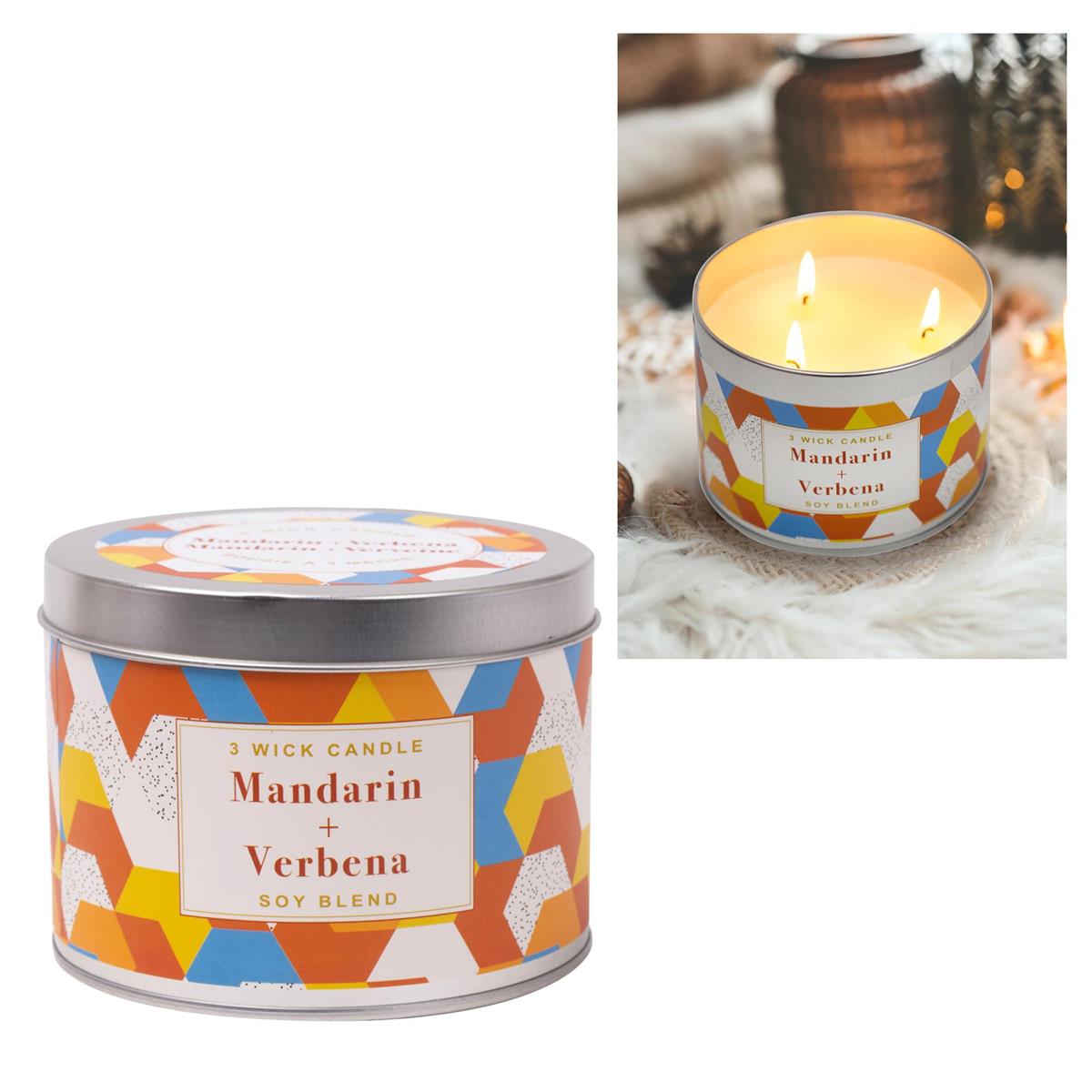 KG 3-Wick Tin Mandarin & Verbena Paraffin/Soy Blend Candle (Az)