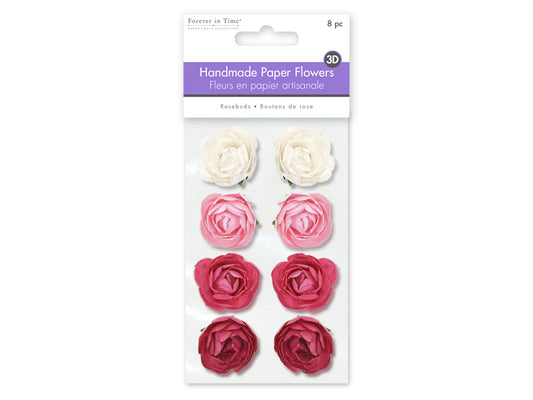 Floral Embellish: 1.1" Handmade Paper Rosebuds x8 A) Pink