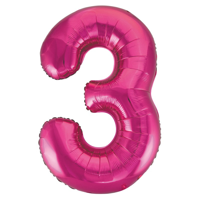 Hot Pink Number 3 Shaped Foil Balloon 34"  Packaged