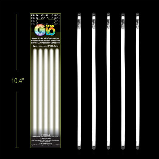 Neon Glo, White, 5 pack,  8" Glow Sticks with Connectors, Foil Pack