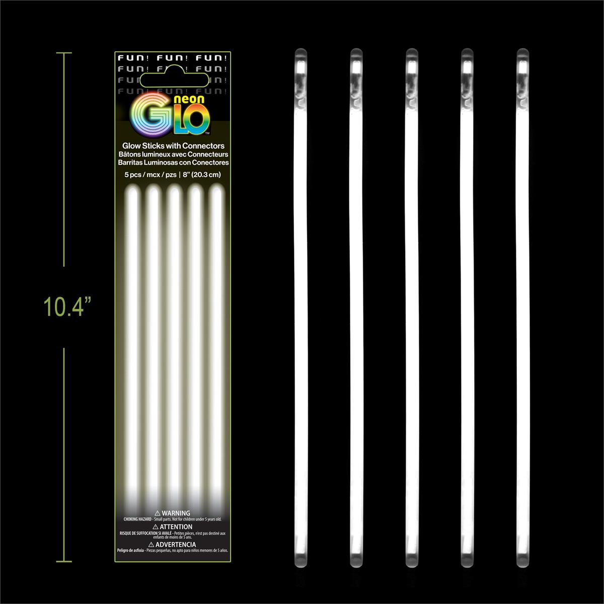 Neon Glo, White, 5 pack,  8" Glow Sticks with Connectors, Foil Pack