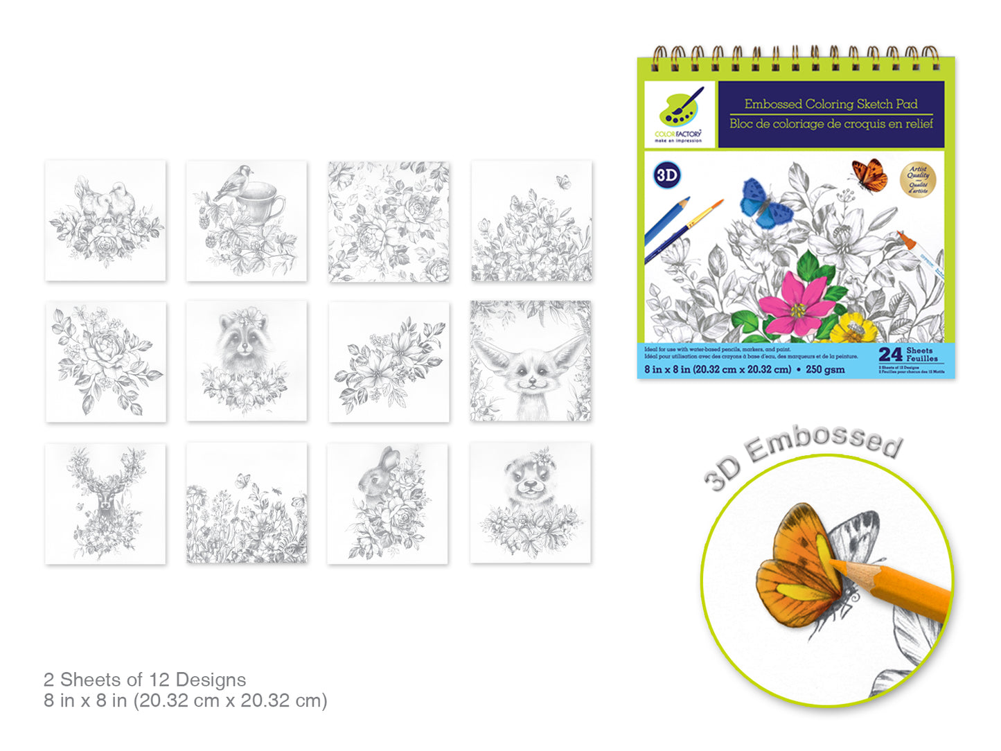 Color Factory: 3D Embossed Coloring Sketch Pad 8"x8" 250gsm 24Sht A) Floral Frolic