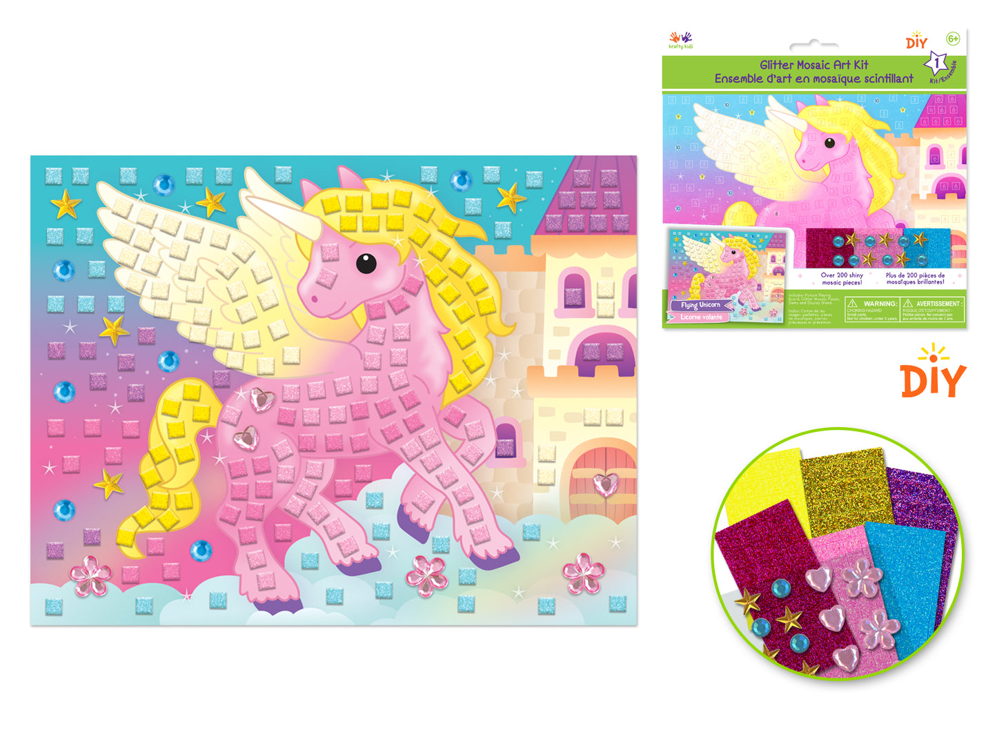 Krafty Kids Kit: DIY Glitter Mosaic Art Kit w/Gems G) Flying Unicorn