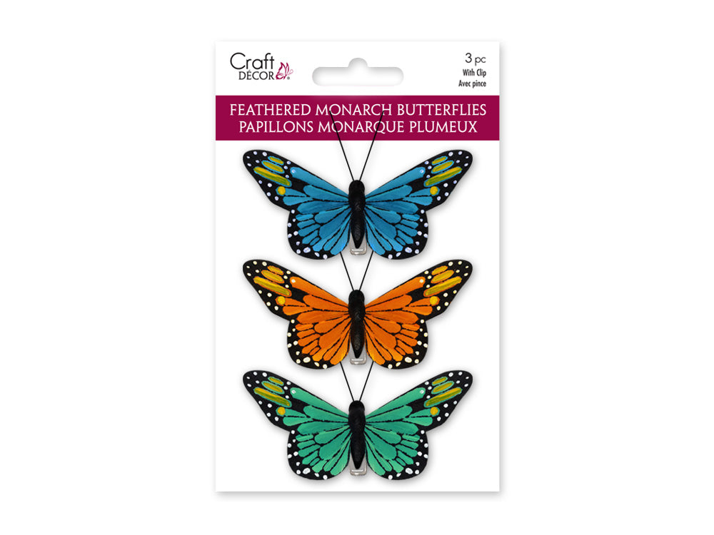 Craft Decor: 3.25"x1.75" Feathered Monarch Butterflies x3 w/Gator Clip B) Glam