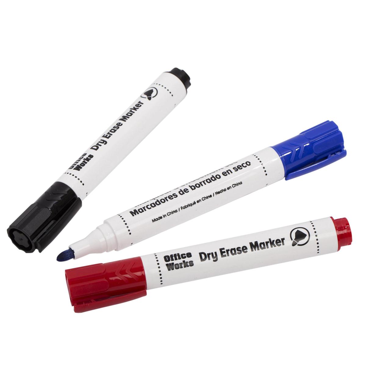O.WKs. 4 pcs Dry Erase Marker set 3 colours, Red/Blue/Blk