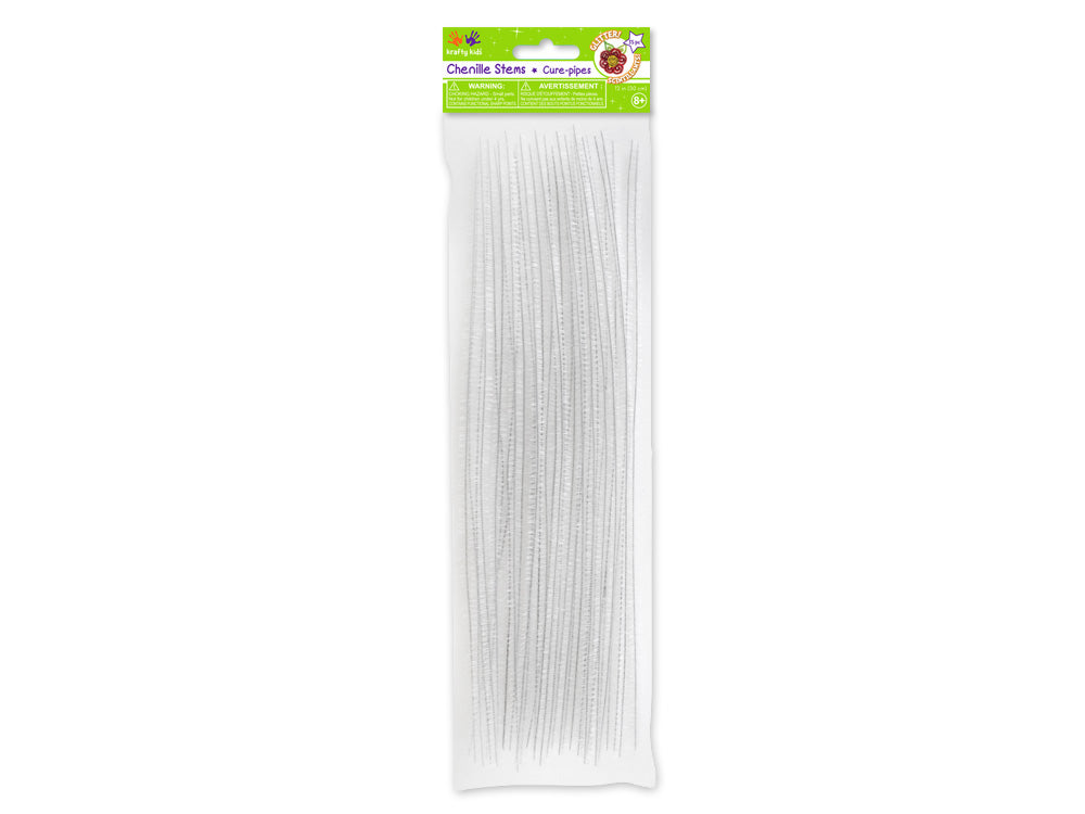 Tinsel Chenille Stems: 6mmx30cm 35/pk Glitter Pipe Cleaners E) White