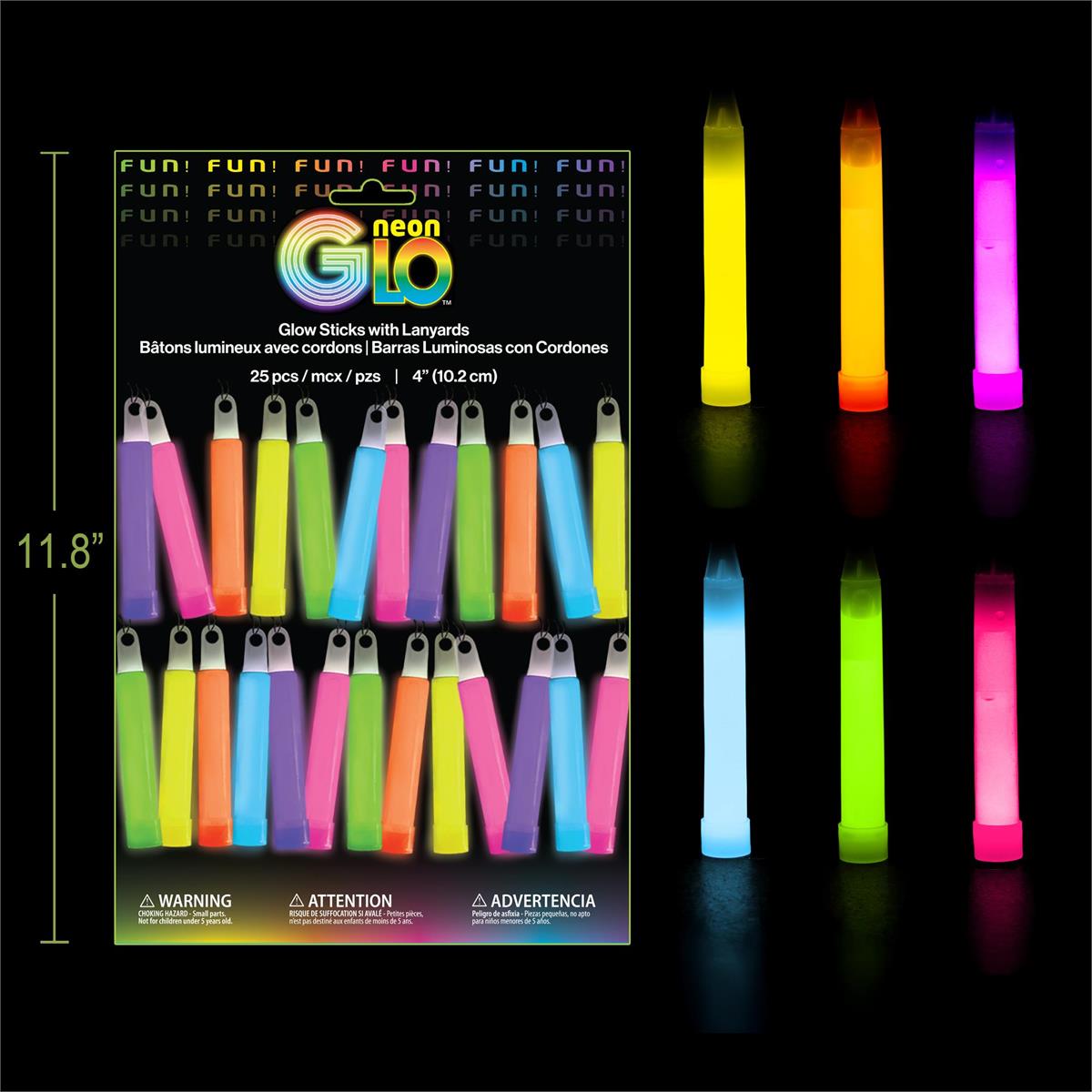 Neon Glo, Asst Neon, 25 pack 4" Glow Sticks with Lanyards, Foil Pack