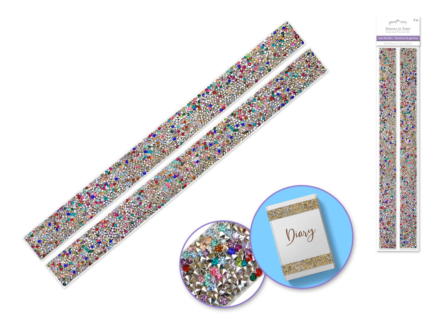 Paper Craft Sticker: 1"x12" Crushed Diamond Gem Borders x2 A) Rainbow