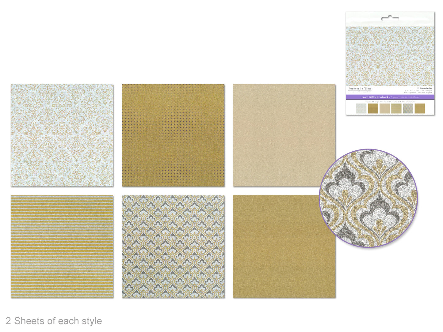 Scrapbook Paper: 6"x6" Glam Glitter Cardstock 190gsm 12Sht Asst 6col C) Gold Medley