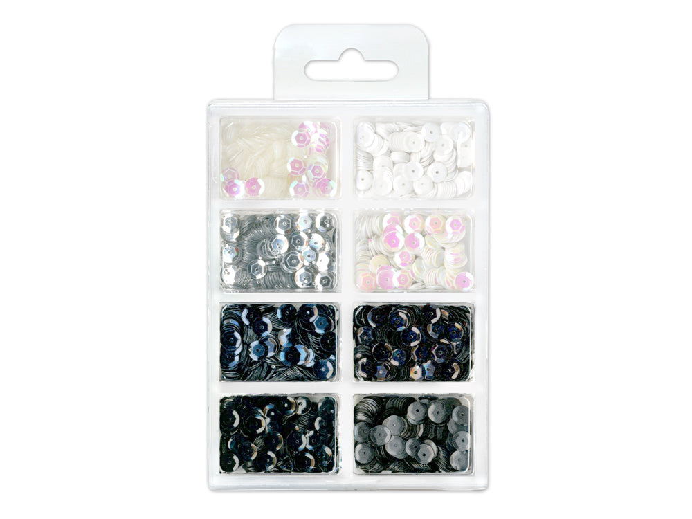 Craft Medley: 6mm Cup Sequins 25g Plastic Case 8-comp A) B&W Classic