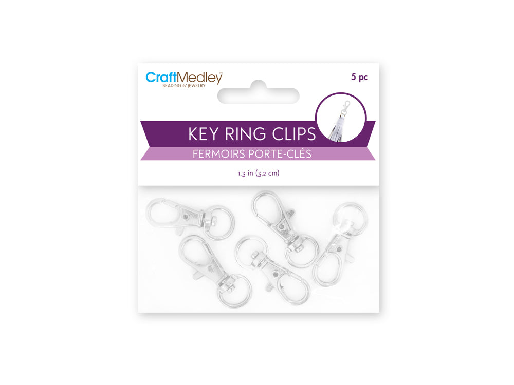 Jewelry Findings: 1.25" Key Ring Clip x5 w/Swivel Ring B) Silver