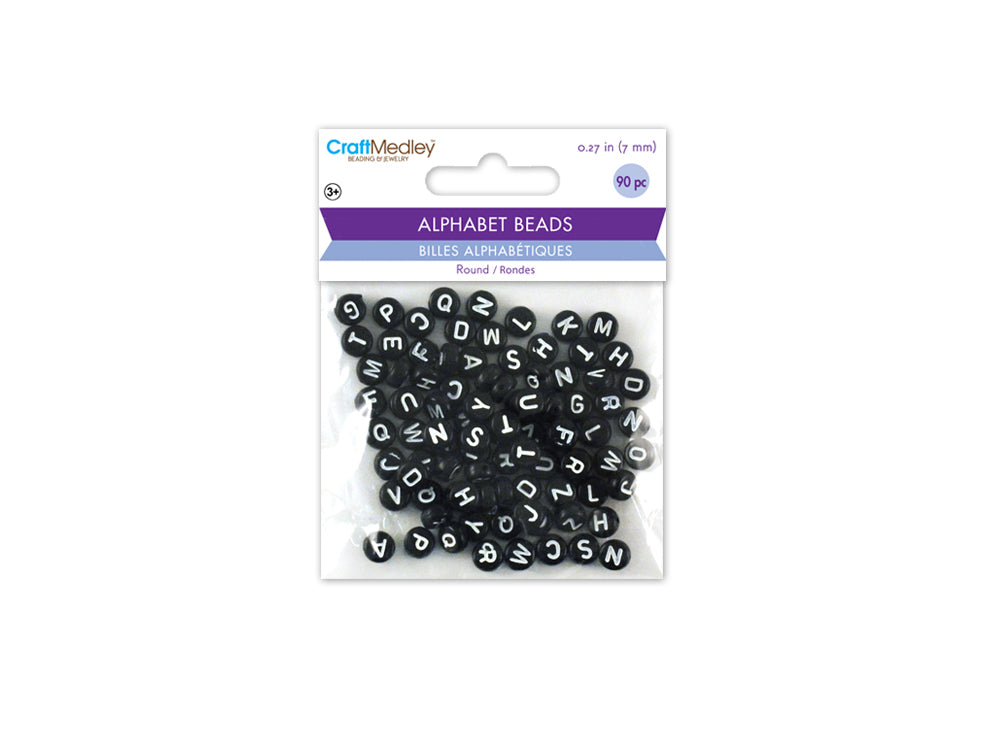 Alphabet Beads: 7mm Round 90ct 4mm(T) C) Black w/White Letters