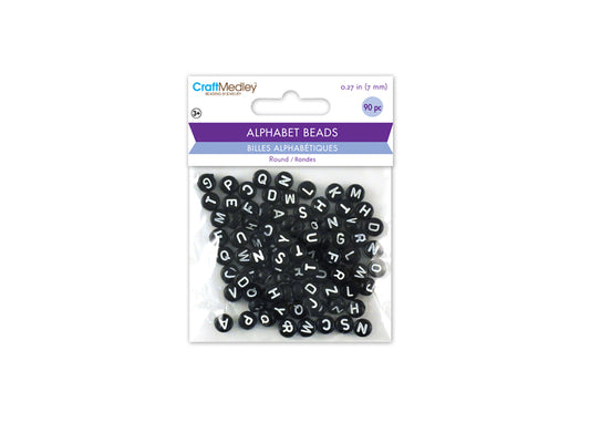 Alphabet Beads: 7mm Round 90ct 4mm(T) C) Black w/White Letters