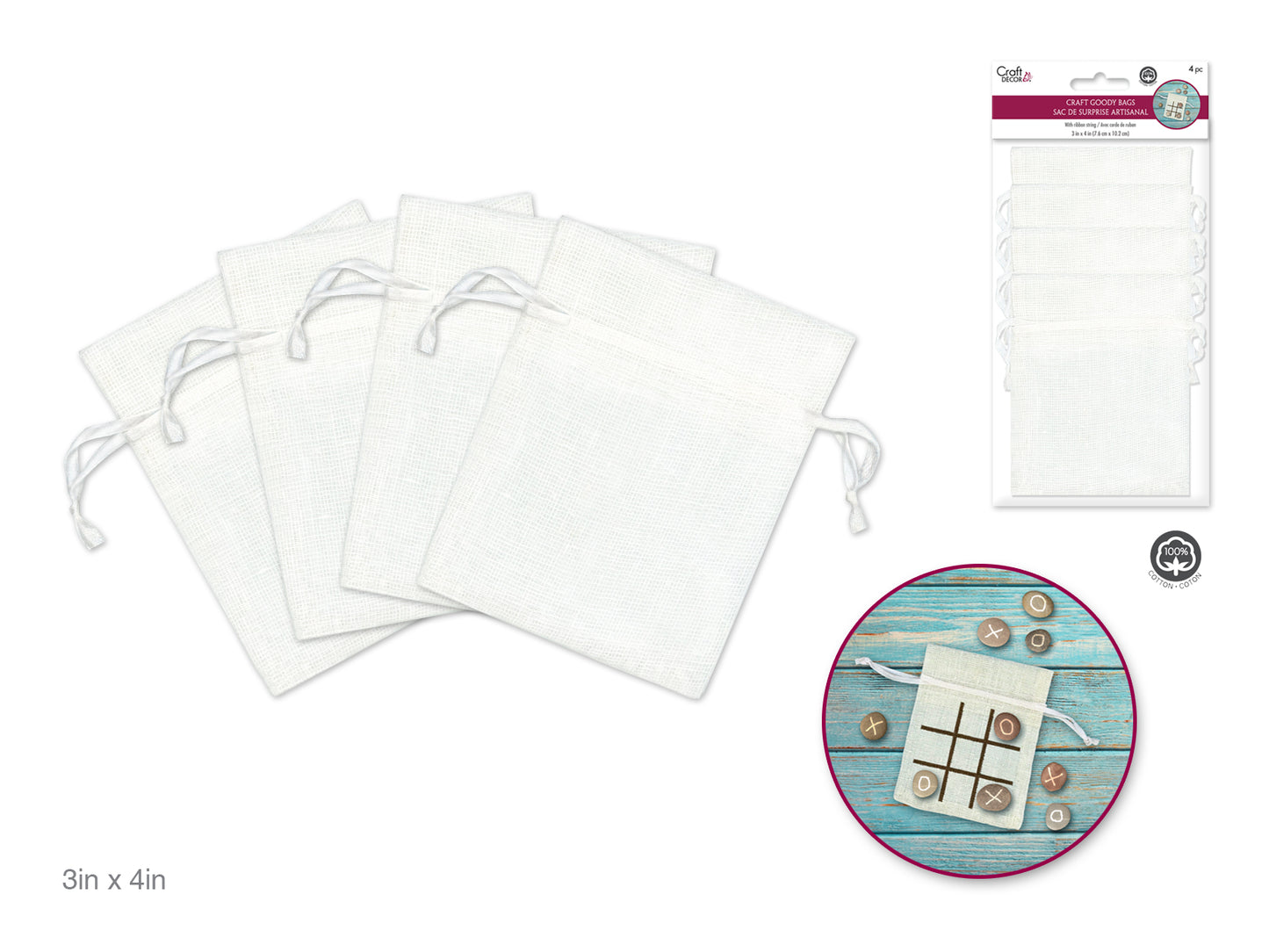 Craft Decor: 3"x4" Craft Goody Bags x4 Mesh Cotton w/Ribbon String A) White