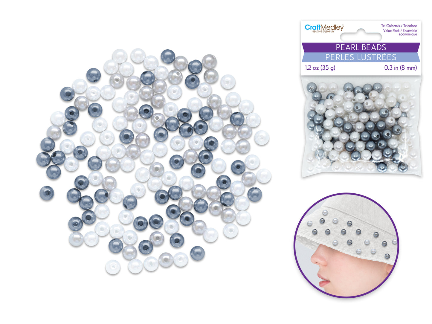 Pearl Beads: 8mm Gloss Tri-Colormix 35gms C) Smoke