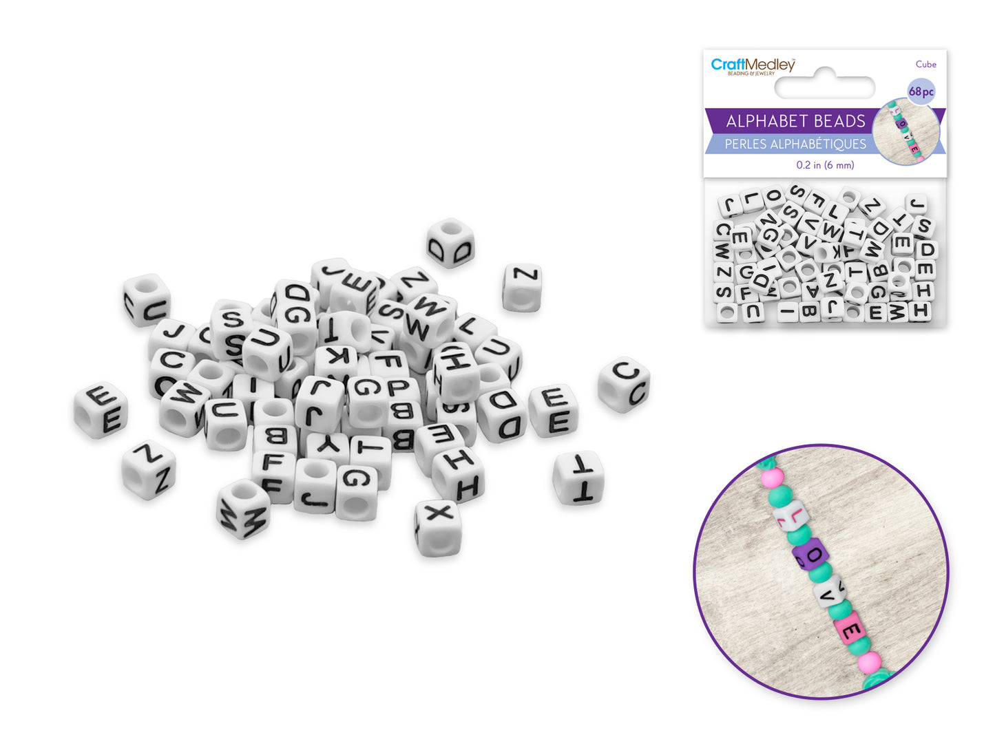 Alphabet Beads: 6mm Cube 68ct C) White w/Black Letters