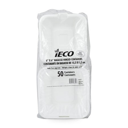 HINGED BAGASSE CONTAINERS 6'' x 6'' 50/PK x 5/CS (1091385)