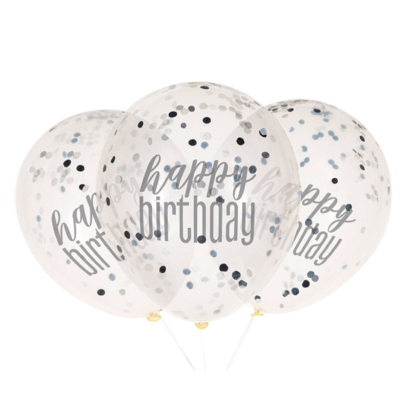 Helium filled - 12" Clear Printed Glitz Happy Birthday Balloons with Confetti  Black & Silver