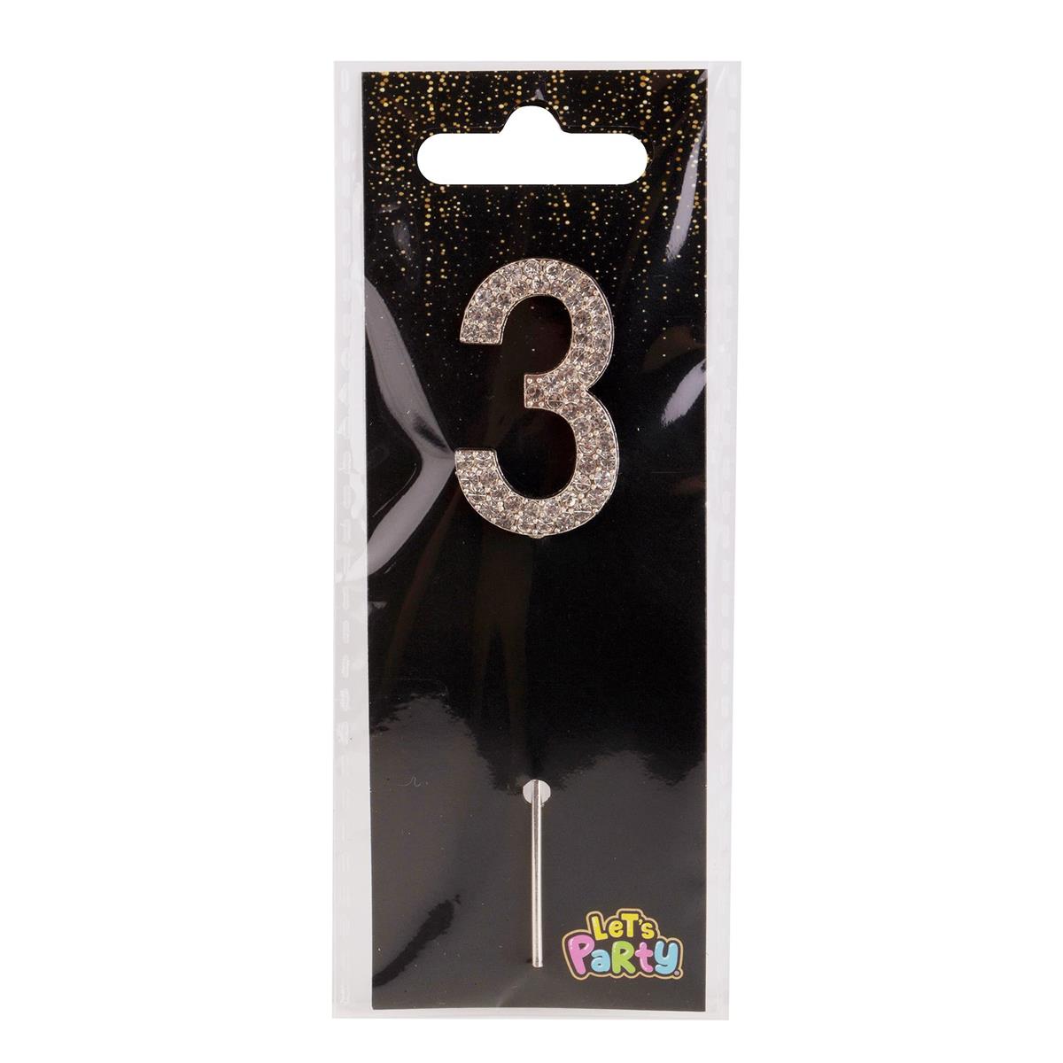 Let's Party #3 Rhinestone Numeral Cake Topper 4cm, silver