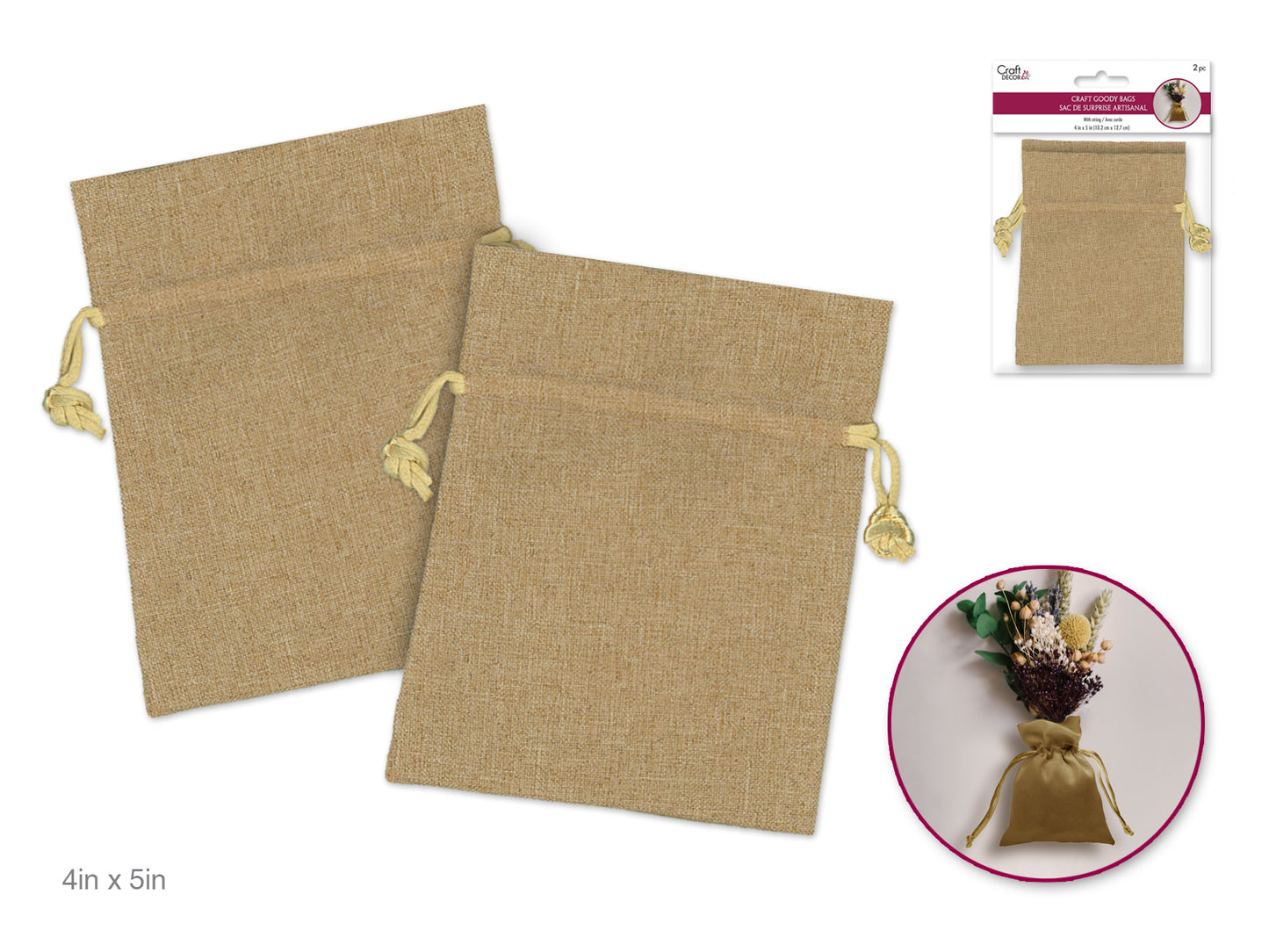 Craft Decor: 4"x5" Craft Goody Bags x2 Poly-Weave w/Rib String A) Burlap-Look