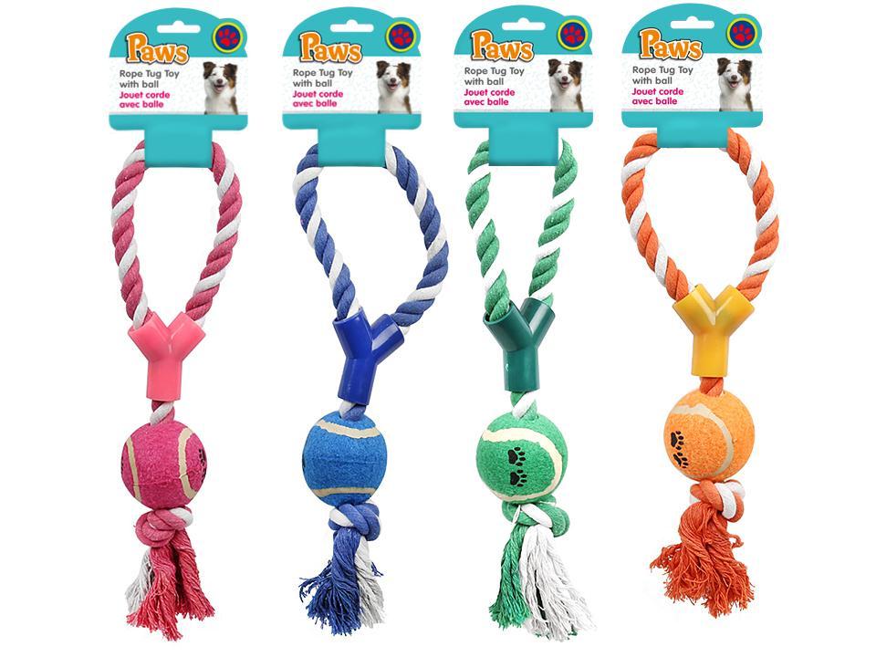PAWS. 12" Rope Tug Toy w/Ball 4 colours, (A388668)