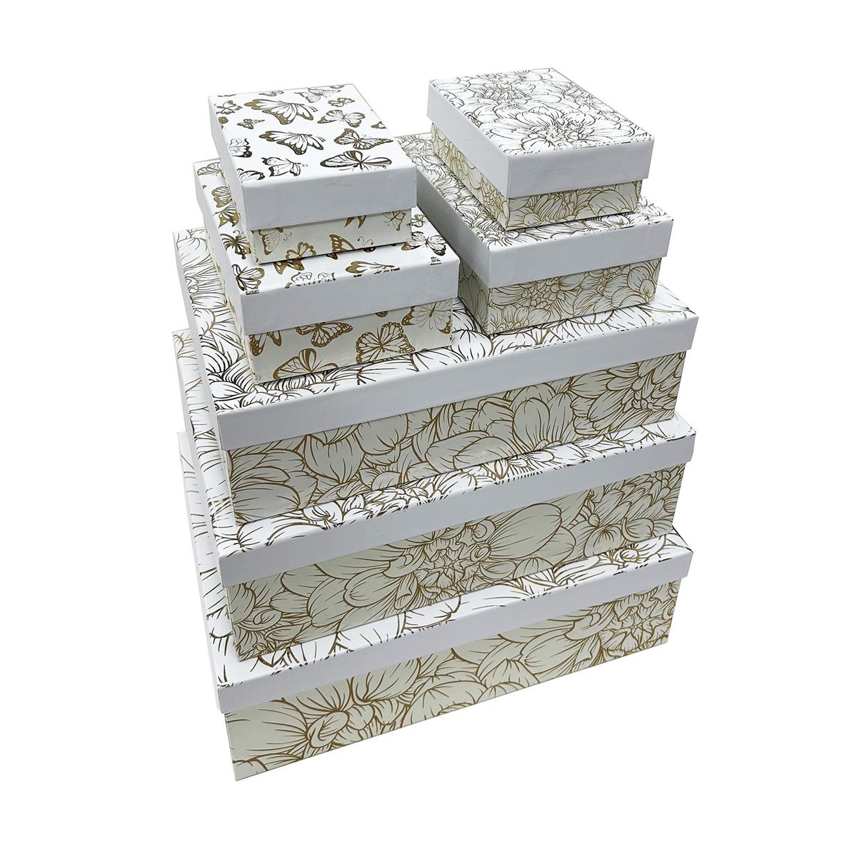 Paper T. Set/7 Rect. Gift Boxes, Gold Foil Floral, L: 7.87"x7.87"x3.75" - S: 6.1"x6.1"x3" UPC on each; ea set in polybag