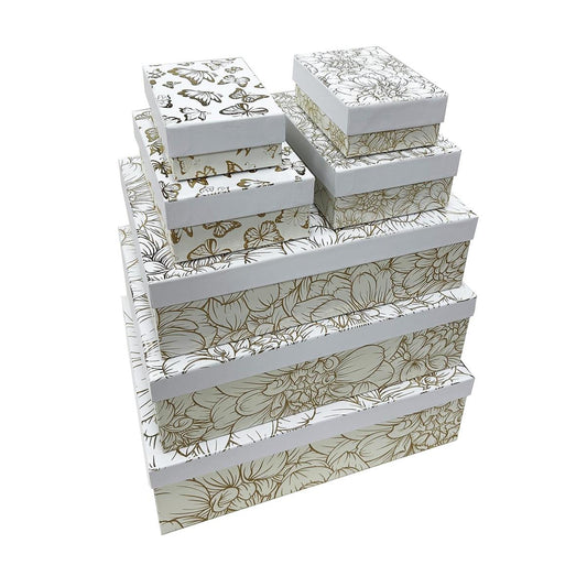 Paper T. Set/7 Rect. Gift Boxes, Gold Foil Floral, L: 7.87"x7.87"x3.75" - S: 6.1"x6.1"x3" UPC on each; ea set in polybag