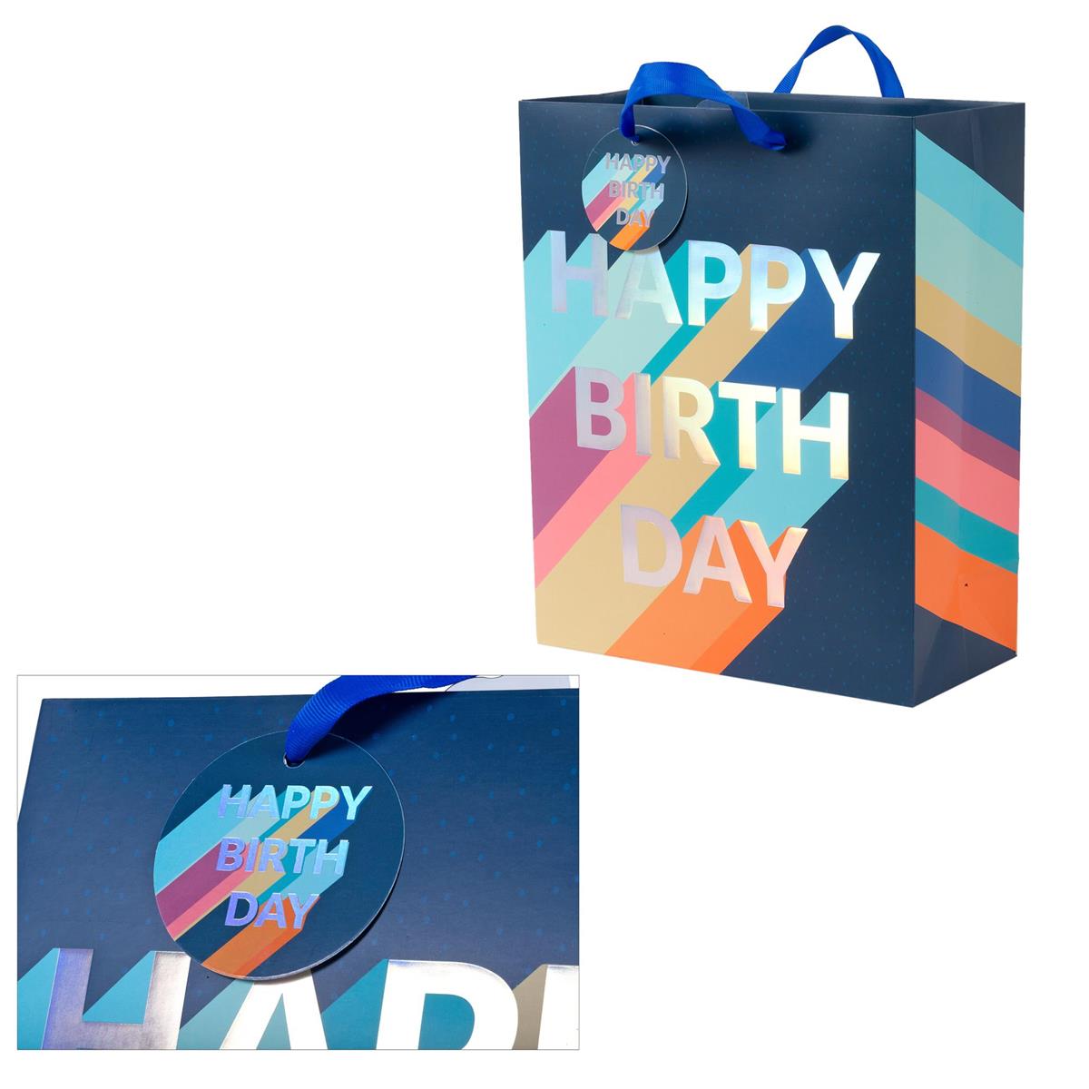 Paper T. DLX Gift Bag, Large, Navy Bday, Matte 210GSM, HS Tag +j-hook