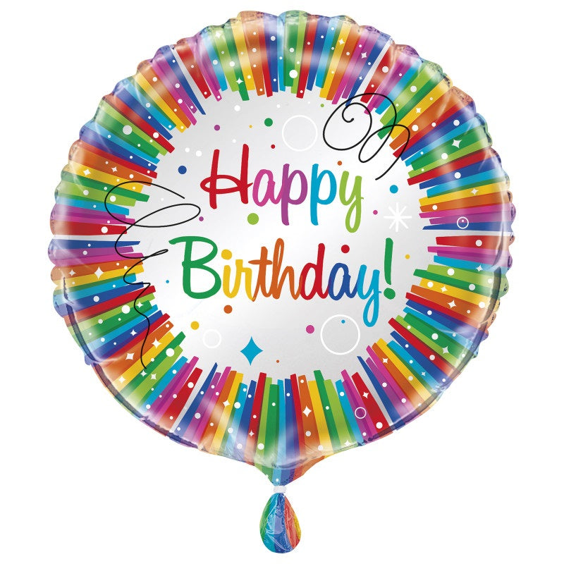 Helium filled - Rainbow Ribbons Birthday Round 18" Foil Balloon