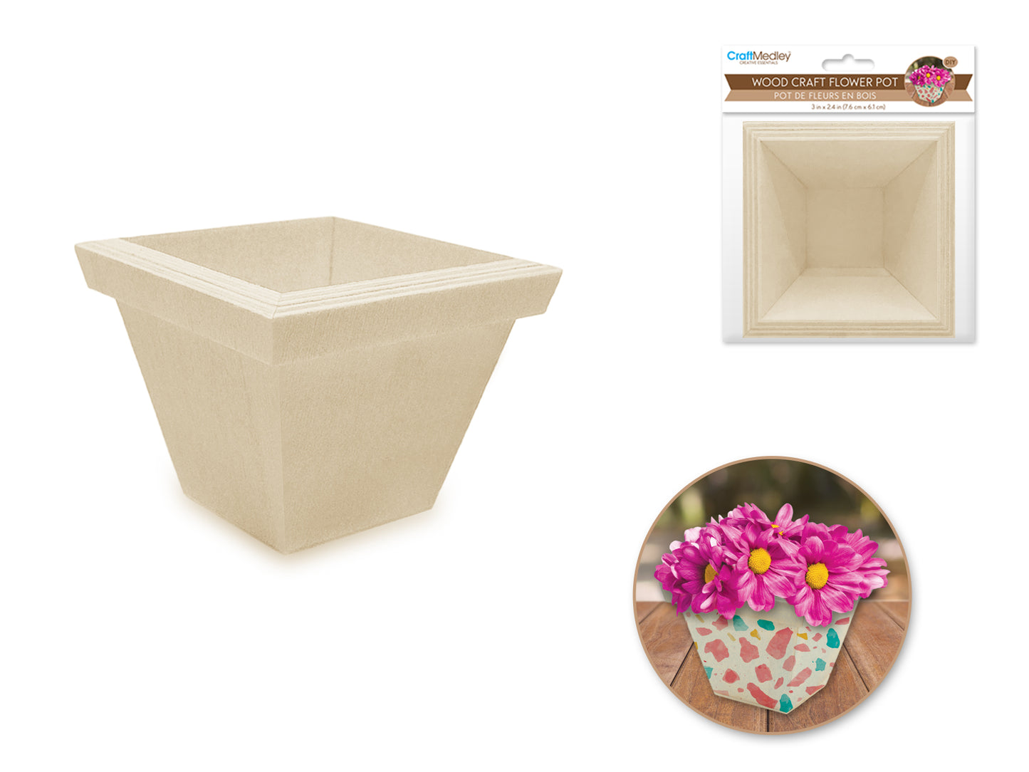 Wood Craft: 3"x2.4" Mini Square Flower Pot