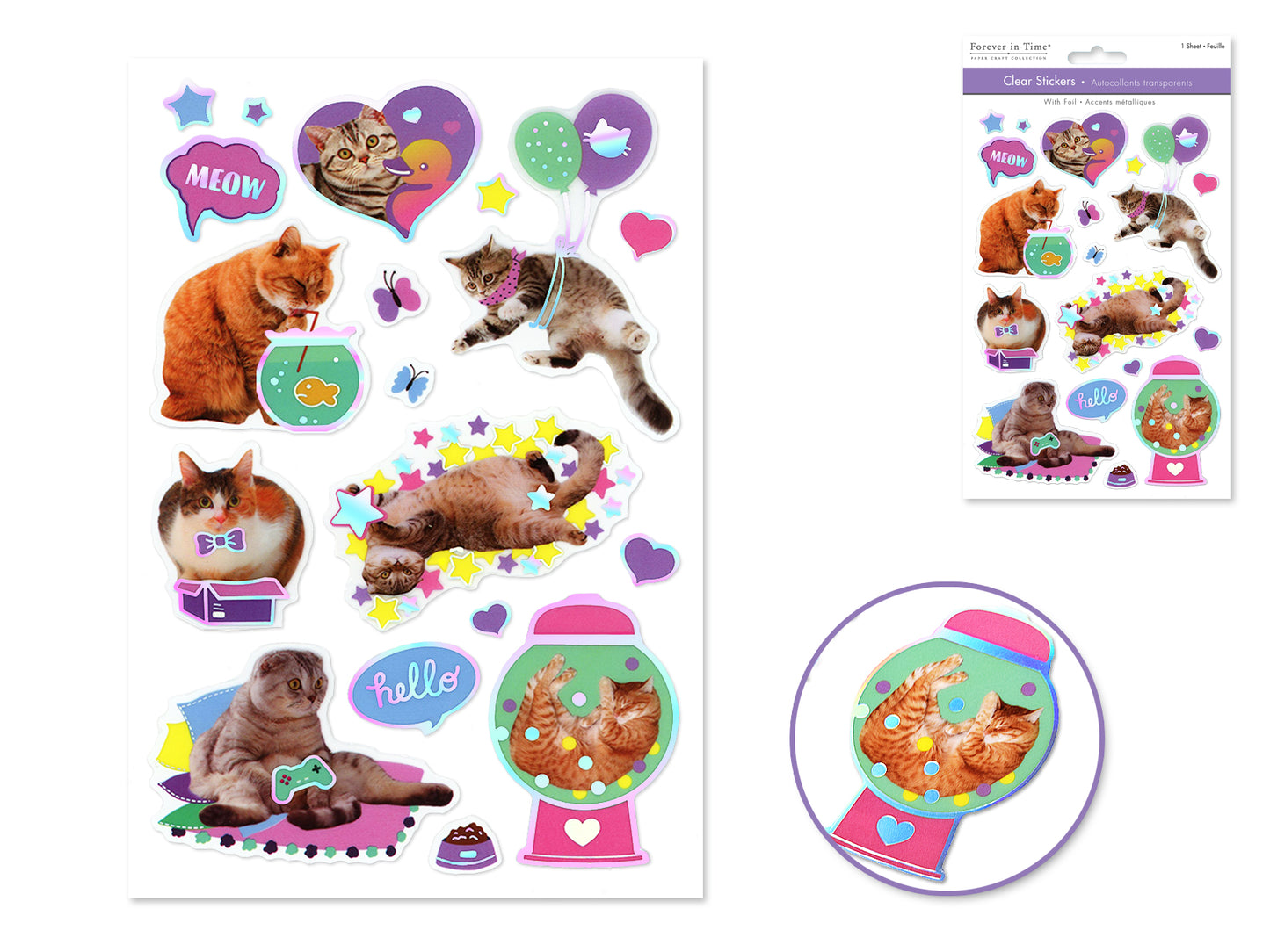 Paper Craft Sticker: 5.5"x8.25" Foil Accents Clear J) Cat Fun