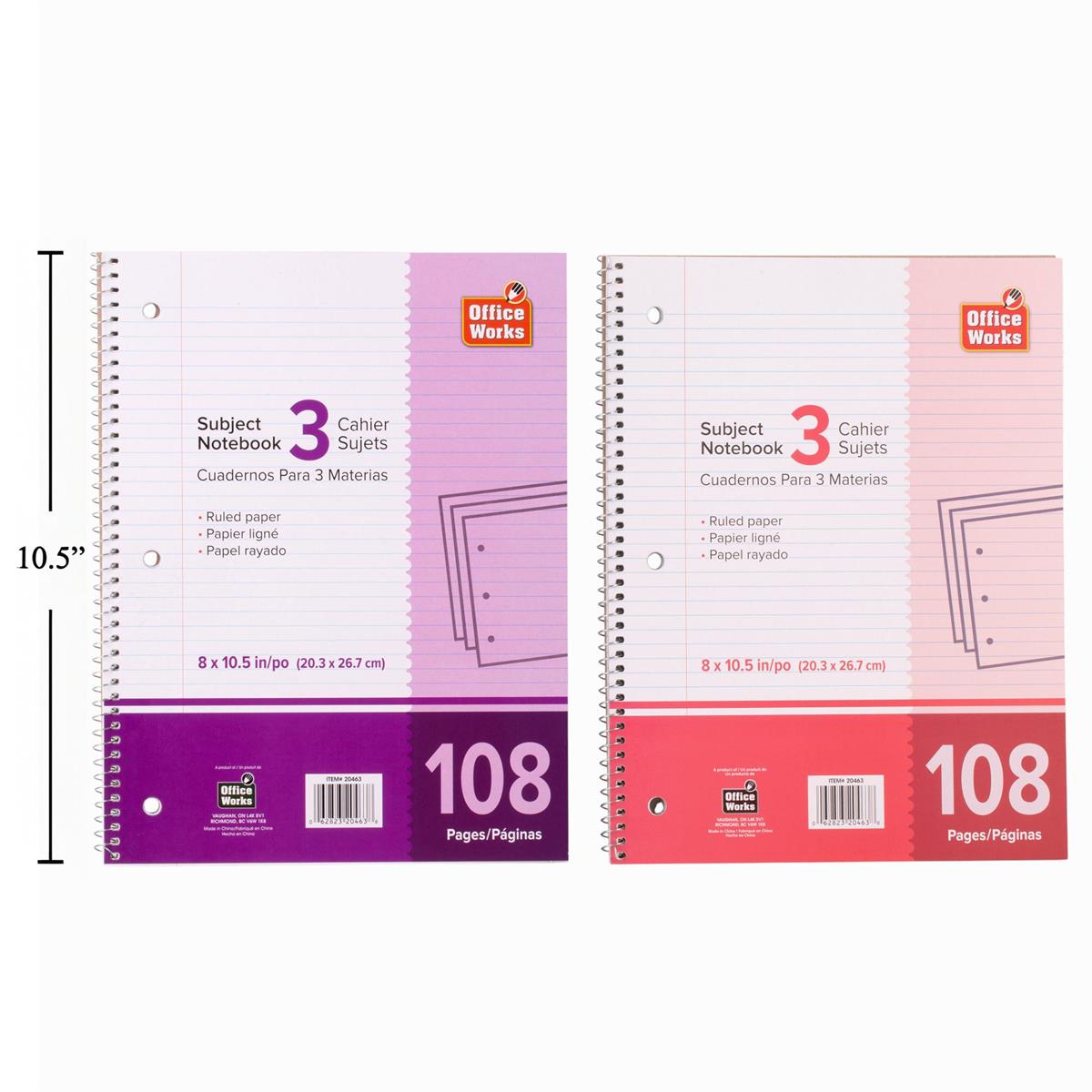 O.WKs. 108-page 3-subject Coil Book 8x10.5"