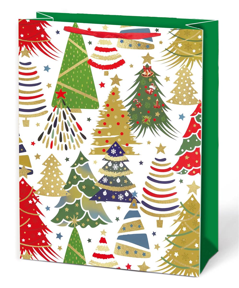 Paper T. Xmas Gift Bag, Trees w/Gold, Large, Matte+HS, tag+j-hook 10.2"x12.6"x4.7", 210gsm