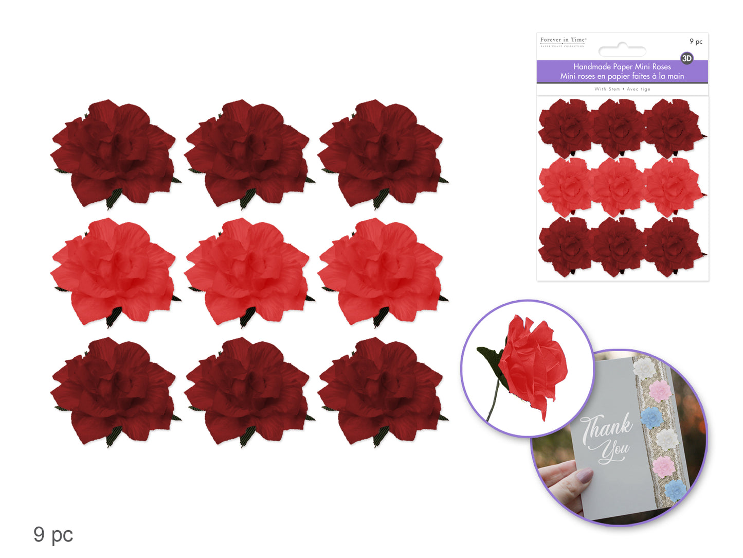 Floral Embellish: 1.25" Handmade Paper Mini Open Roses x9 w/Stem C) Red Rose