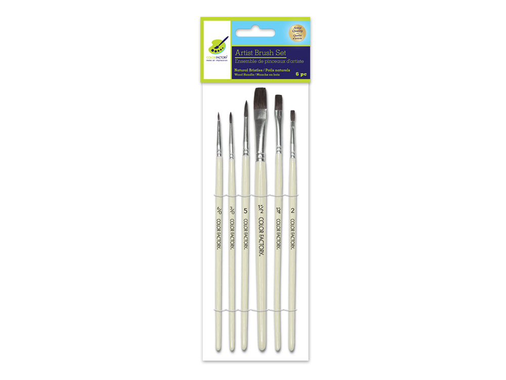Artist Brush Set: Natural Bristle Multi-Pack x6 Watercolor Wood Handle